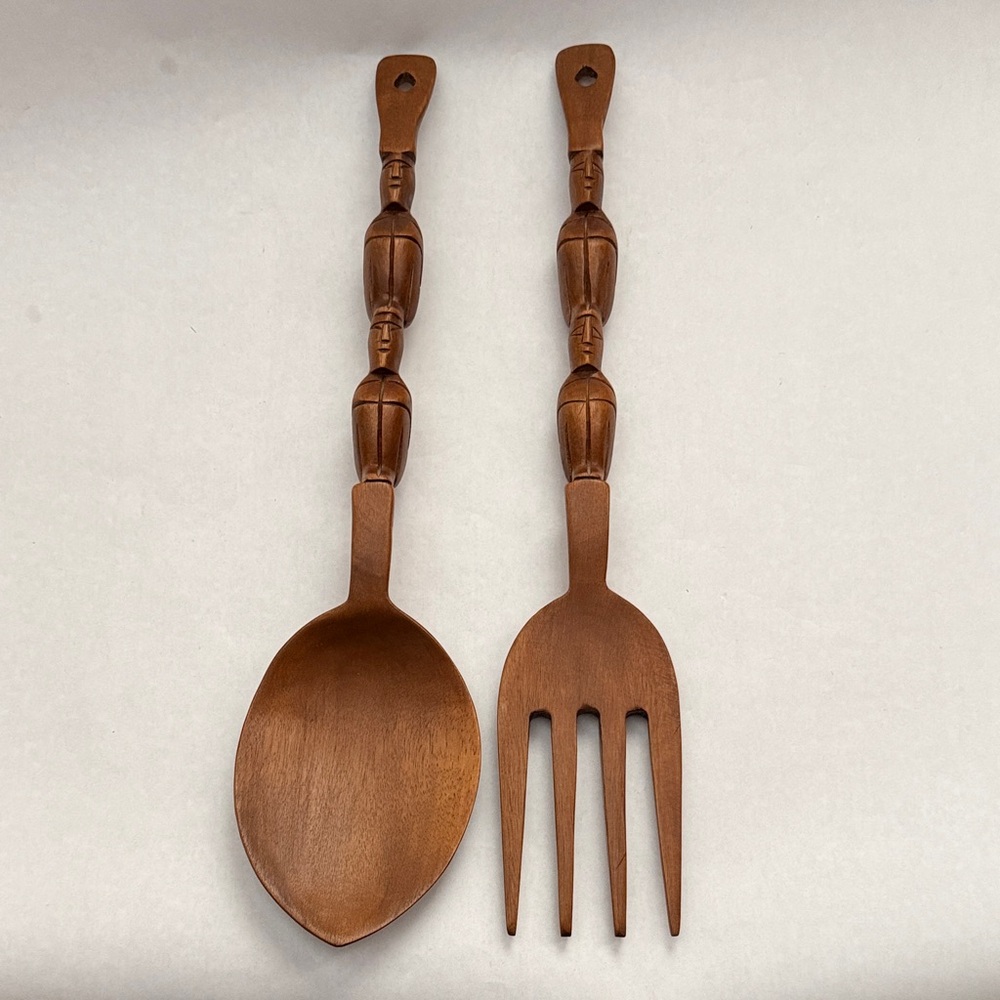Vintage Tiki Brown Wall Hanging Wooden Spoon and Fork Set 19 inches High